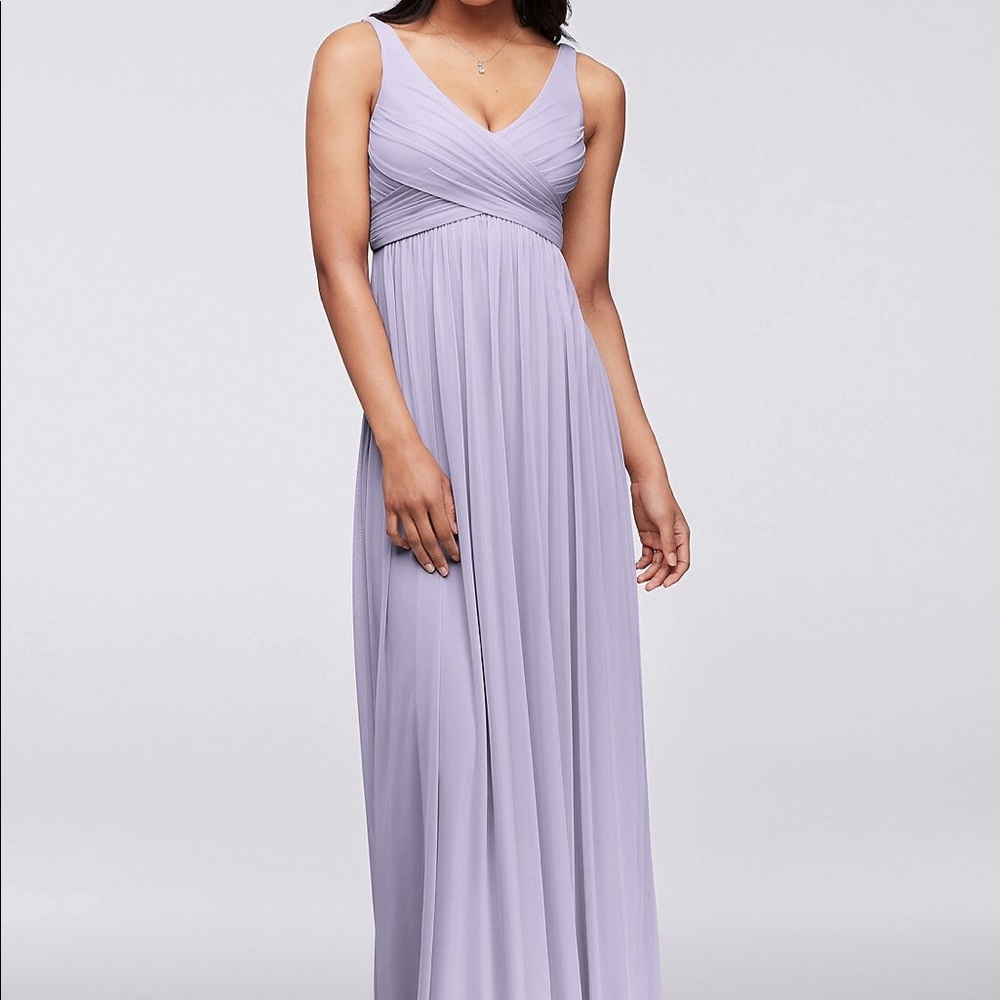 David’s Bridal Long Mesh Dress with Cowl Back in iris